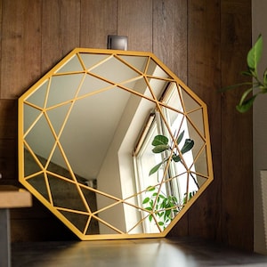 Circle wall mirror gold, carved mirror, large round mirror gold for living room, bedroom mirror, mirror gift, diamond shape mirror