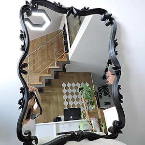 Large black oak frame mirror, decorative vintage wall mirror, mirror in carved frame, rectangular framed mirror, elegant living room mirror
