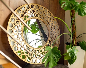 Round gold boho mirror, hallway handmade wall mirror in gold wood frame, beautiful decorative glass art for gift, 24 inches mirror