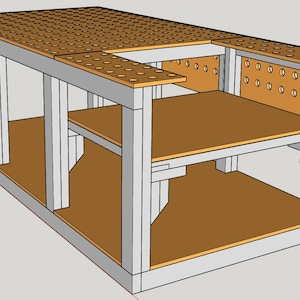 Puede incluir: Un banco de trabajo de madera con dos estantes y una parte superior de tablero perforado. El banco de trabajo está hecho de madera clara y tiene un tinte marrón. El tablero perforado está hecho de madera más clara y tiene un acabado natural.