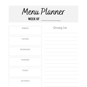 Wekelijkse dinermenuplanner, wekelijkse maaltijdplanning, minimaal, wekelijkse voedselplanner, wekelijkse boodschappenlijst, direct downloaden, afdrukbaar