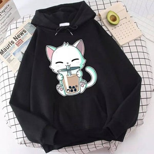 Anime inspired hoodie,boba tea cat hoodie unisex harajuku kawaii hoodie COTTON soft and comfortable streetwear unisex high