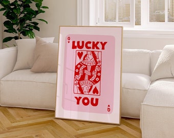 Trendy Lucky You Queen Card Print, Retro Wall Art (Digital Download)