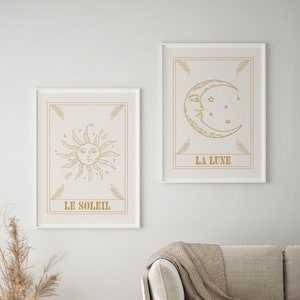 Láminas de Tarot, Juego de 2 láminas de Tarot, Láminas del Sol y la Luna, Póster de Astrología, Arte de Cartas del Tarot, Láminas Celestiales, ARTE DE PARED IMPRIMIBLE