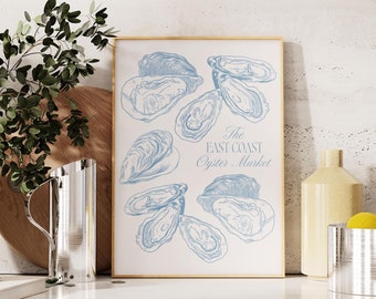 Blue Oyster Print / oyster market print, oyster poster, trendy kitchen decor, coastal wall art, east coast poster, PRINTABLE WALL ART
