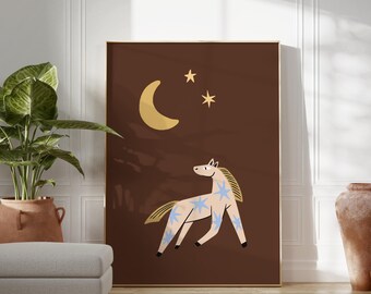 Celestial Horse Print, Horse Wall Art, Modern Folk Prints, Neutral Folk Horse Print (Digital Download)