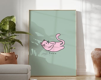 Decorazione murale con gatto carino, stampa con gatto rosa, decorazione murale massimalista (download digitale)