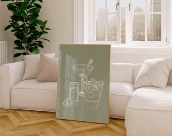 Cocktail Print // sage green wall art, printable cocktail posters, bar print, bar cart accessories, bar cart art PRINTABLE WALL ART