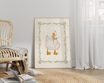 Watercolor Duck Nursery Print, Floral Frame (Digital Download)