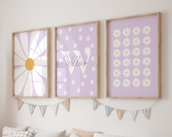 Daisy Print Set Of 3 / daisy wall art, nursery print, personalised name print, personalised nursery art, lilac print set, PRINTABLE WALL ART