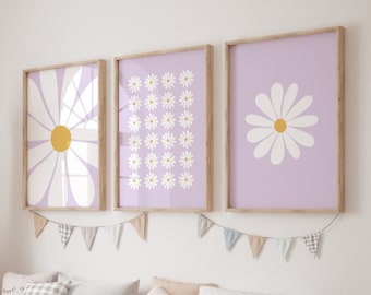 Lilac Daisy Print Set Of 3, daisy wall art, nursery prints, lilac prints, lilac wall art, girls room print set (Digital Download)