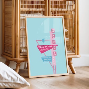 Head In The Clouds Motel Print // retro estetyczny wystrój akademika, modna sztuka ścienna, różowy nadruk motelu, retro znak motelu, DRUKOWANA SZTUKA ŚCIENNA