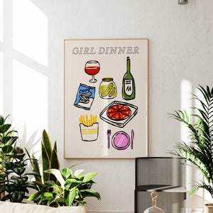 Girl Dinner Print // aesthetic kitchen decor, colourful kitchen wall art, fun apartment wall art, food art print, PRINTABLE WALL ART