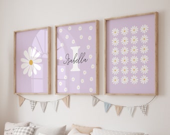 Daisy Print Set Of 3, daisy wall art, nursery print, personalised name print, personalised nursery art, lilac print set (Digital Download)