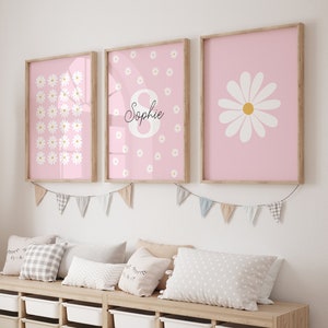 Daisy Print Set Of 3 / daisy wall art, nursery print, personalised name print, flower print, pink print, girls room decor PRINTABLE WALL ART