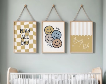 Boys Room Print Set Of 3// boys rule prints, play all day poster, smile print, boys room wall art, playroom print set, PRINTABLE WALL ART