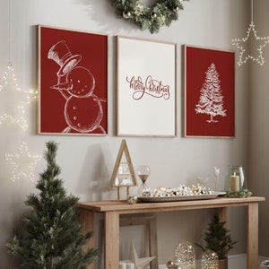 Christmas Set Of 3 Prints // red christmas wall art, minimal christmas print, snowman print, merry Christmas print, PRINTABLE WALL ART