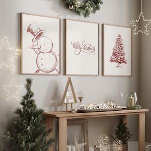 Christmas Set Of 3 Prints // red christmas wall art, minimal christmas print, snowman print, merry Christmas print, PRINTABLE WALL ART
