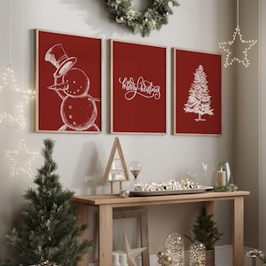 Christmas Set Of 3 Prints // red christmas wall art, minimal christmas print, snowman print, merry Christmas print, PRINTABLE WALL ART