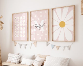 Daisy Print Set Of 3, daisy wall art, nursery print, personalised name print, flower print, pink print, girls room decor (Digital Download)