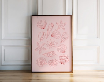 Pink Seashells Print, trendy coastal wall art, beach prints, coastal wall art, beach house decor, beachy wall art (Digital Download)