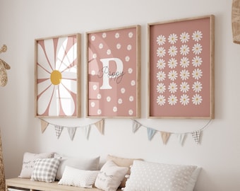 Daisy Print Set Of 3, daisy wall art, nursery print, personalised girl name print, pink floral print, girls room wall art (Digital Download)