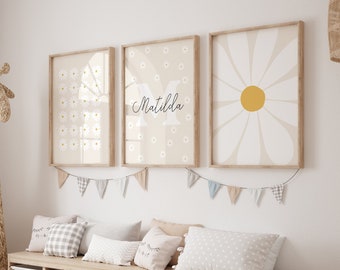 Daisy print set van 3 / madeliefje kunst aan de muur, kinderkamer print, gepersonaliseerde naam print, bloemenprint, neutrale meisjeskamer prints PRINTBARE WALL ART