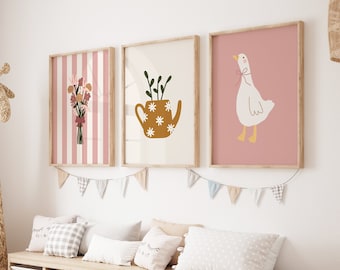 Set Of 3 Girls Room Prints / floral wall art, nursery prints, teapot prints, set of 3 pink prints, duck nursery wall art, PRINTABLE WALL ART