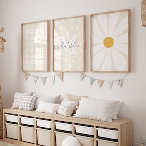 Daisy Print Set Of 3 / daisy wall art, impresión de vivero, impresión de nombre personalizado, estampado de flores, impresiones neutrales de habitaciones para niñas ARTE DE PARED IMPRIMIBLE