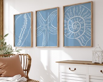 Coastal Print Set Of 3 // trendy coastal aesthetic, beach prints, coastal wall art, seashell print, starfish print, PRINTABLE WALL ART