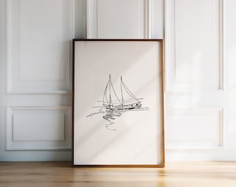 Sailboat Print, Minimal Coastal Nautical Wall Art (Digital Download)
