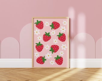 Strawberry Pattern Print, strawberry and daisy wall art, nursery print, flower print, cute fruit wall art, girls room (Digital Download)