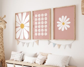 Daisy Print Set Of 3, daisy wall art, nursery print, flower print, set of 3 pink prints, pink wall art, girls room prints (Digital Download)