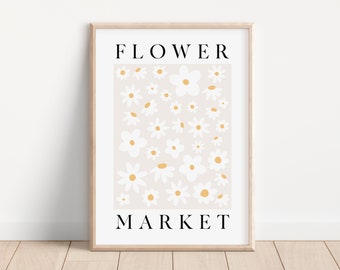 Flower Market Print, Neutral Daisy Poster, Beige Floral Wall Art (Digital Download)