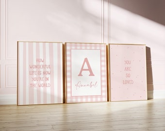 How Wonderful Life Is Print Set Of 3 / nursery wall art, personalised name print, pink nursery prints, girls room prints (Digital Download)