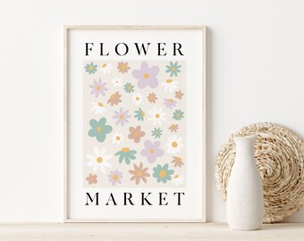 Flower Market Print, Boho Floral Wall Art, Daisy Poster (Digital Download)