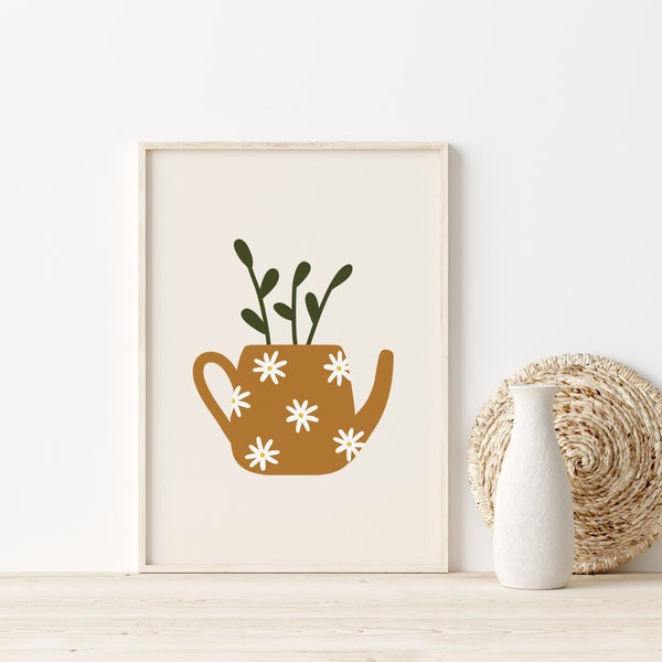 Retro Teapot Print // teapot wall art, teapot vase print, girls room wall art, botanical print, tea lover print, PRINTABLE WALL ART