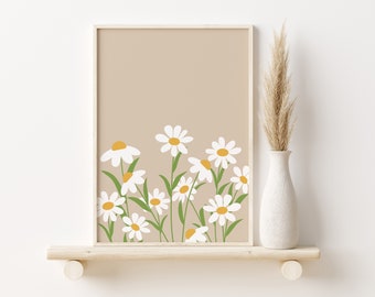 Beige Daisy Print // daisy wall art, nursery print, boho floral print, flower print, beige aesthetic, girls room decor PRINTABLE WALL ART