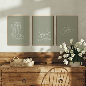Cowgirl Print Set Of 3 / sage green print set, cowboy hat print, cowgirl prints, cowboy boots wall art, dorm room prints PRINTABLE WALL ART