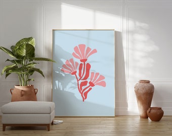 Abstract Floral Print, Pink & Blue, Funky Wall Art (Digital Download)