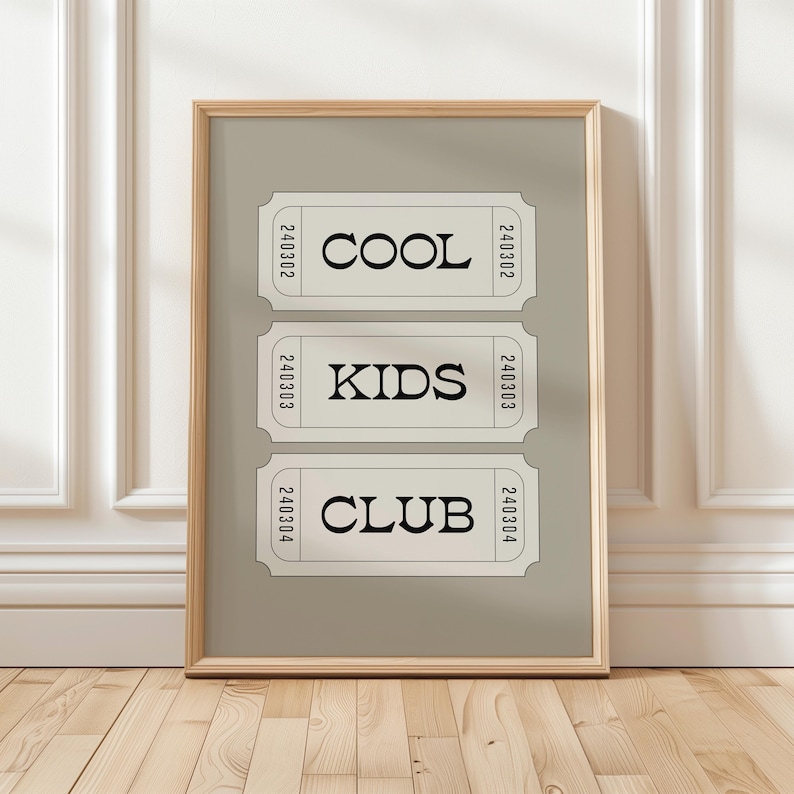 Typography wall art featuring three stacked ticket style designs with the words “Cool Kids Club” in bold black lettering on a neutral taupe background. Minimalist modern graphic print with a playful, retro inspired feel. This listing is for a digital download only. No physical print or frame included.