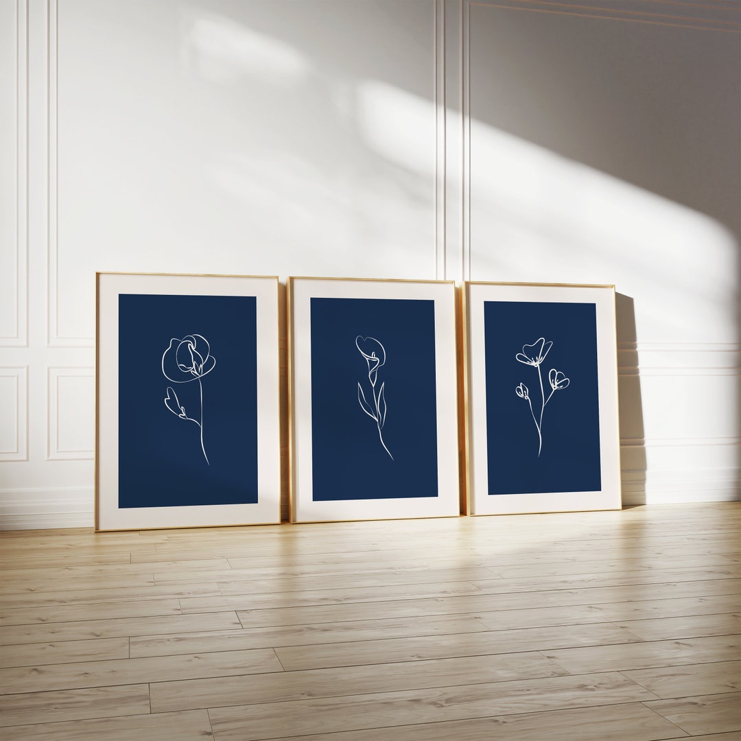Navy Blue Floral Print Set of 3, Minimalist Botanical Wall Art, Navy ...