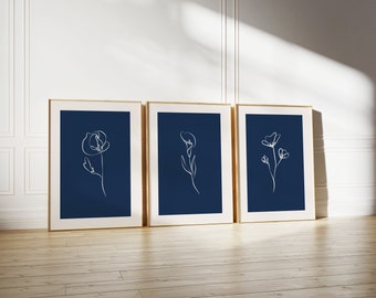 Juego de 3 estampados florales azul marino, arte botánico minimalista para pared, impresiones azul marino (descarga digital)