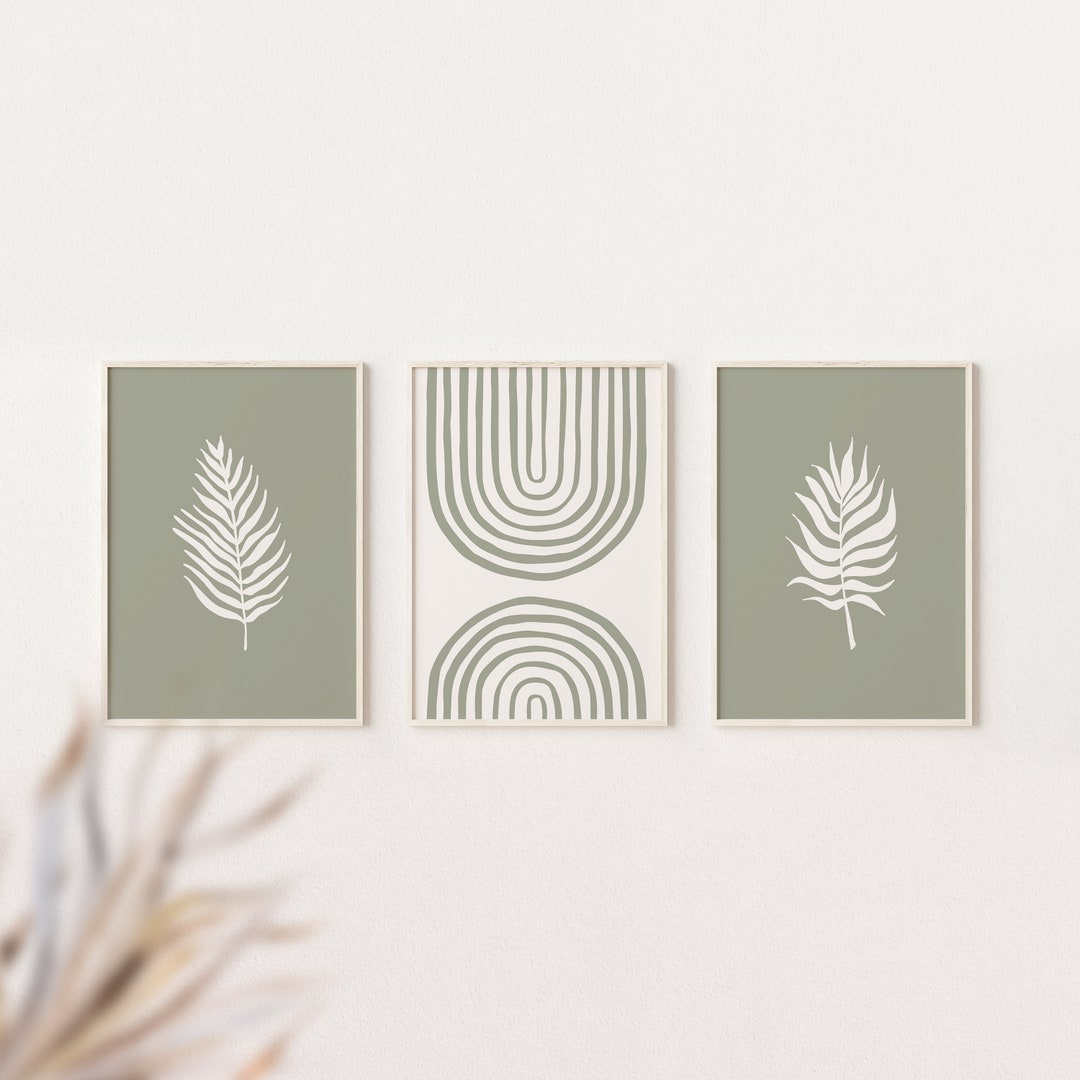 Sage Green Boho Print Set of 3, Botanical Rainbow Wall Art (digital ...