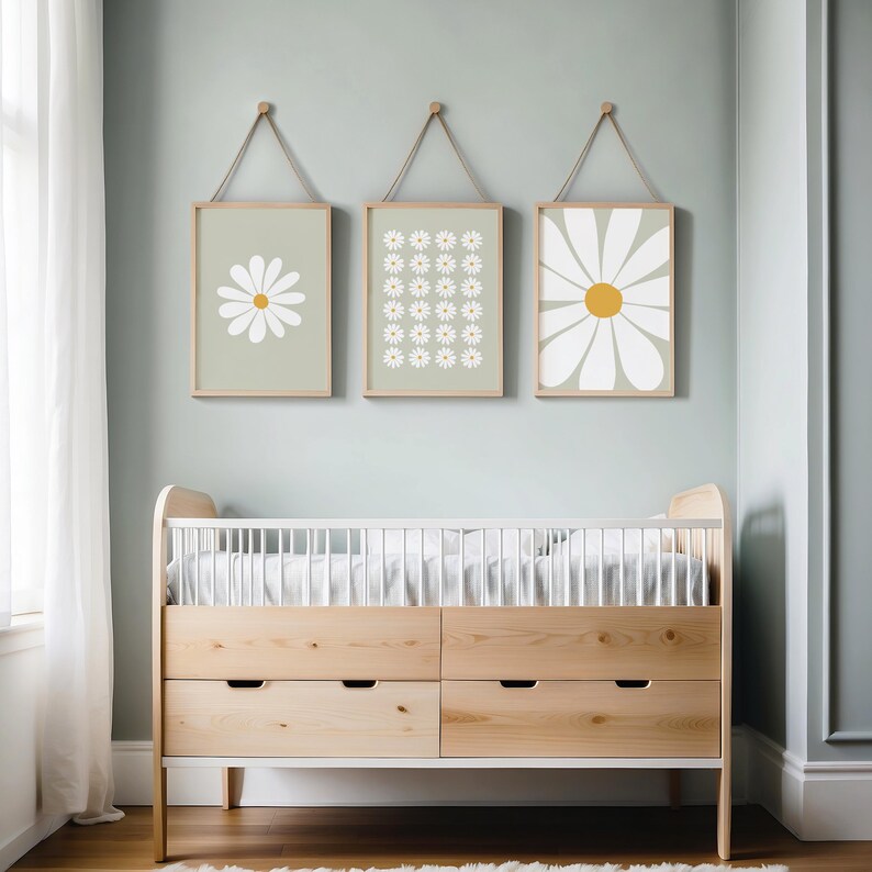 Daisy Print Set of 3, Daisy Wall Art, Nursery Prints, Set of 3 Sage ...