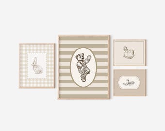 Vintage Nursery Print Set, neutral nursery print set of 4, gender neutral wall art, vintage kids room prints, (Digital Download)