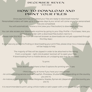 May include: Instructions on how to download and print digital files. The text mentions using a thick matte or satin paper with a minimum weight of 170gsm.