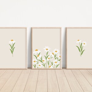 Daisy Print Set of 3, Beige Flower Wall Art, Girls Room Prints (Digital Download)