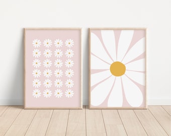 Daisy Print Set Of 2 / daisy wall art, nursery print, girls room print set, flower print, pink aesthetic, girl room decor PRINTABLE WALL ART