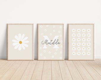 Personalised Daisy Print Set Of 3, daisy wall art, personalised nursery prints, flower prints, neutral girls room prints (Digital Download)